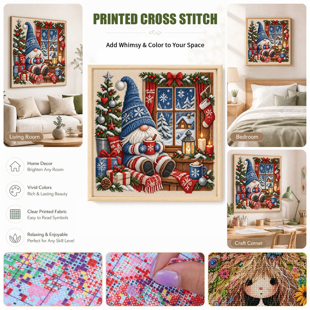 Blaues Fenster Winter-Wichtel - Komplettes 11CT Stempel-Kreuzstich-Set 45x45CM - Huacan
