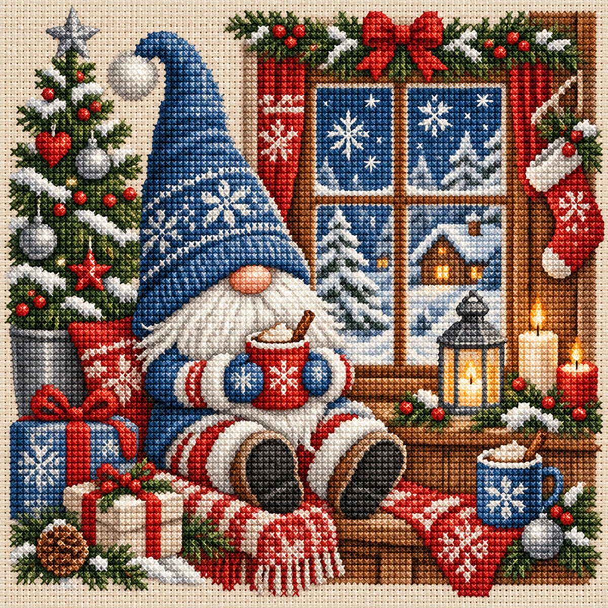 Blaues Fenster Winter-Wichtel - Komplettes 11CT Stempel-Kreuzstich-Set 45x45CM - Huacan