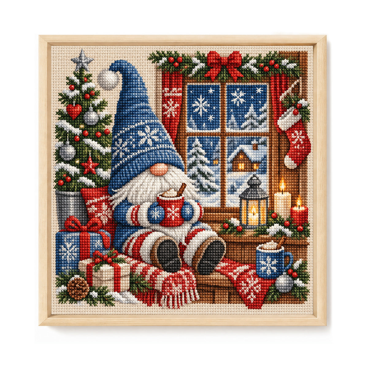 Blaues Fenster Winter-Wichtel - Komplettes 11CT Stempel-Kreuzstich-Set 45x45CM - Huacan