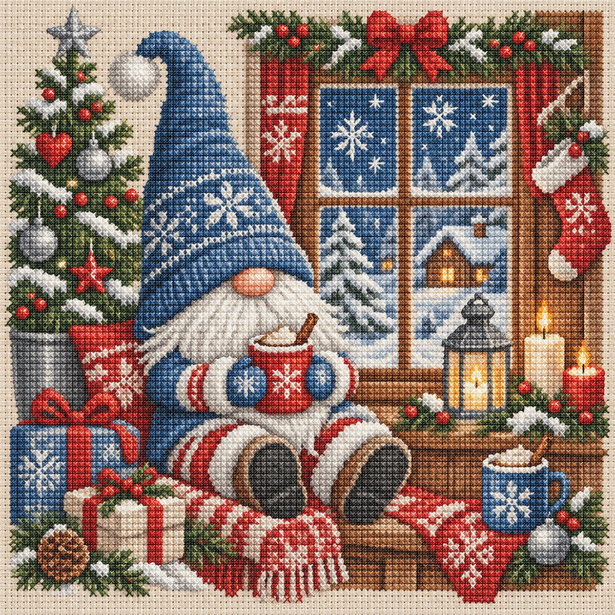 Blaues Fenster Winter-Wichtel - Komplettes 11CT Stempel-Kreuzstich-Set 45x45CM - Huacan
