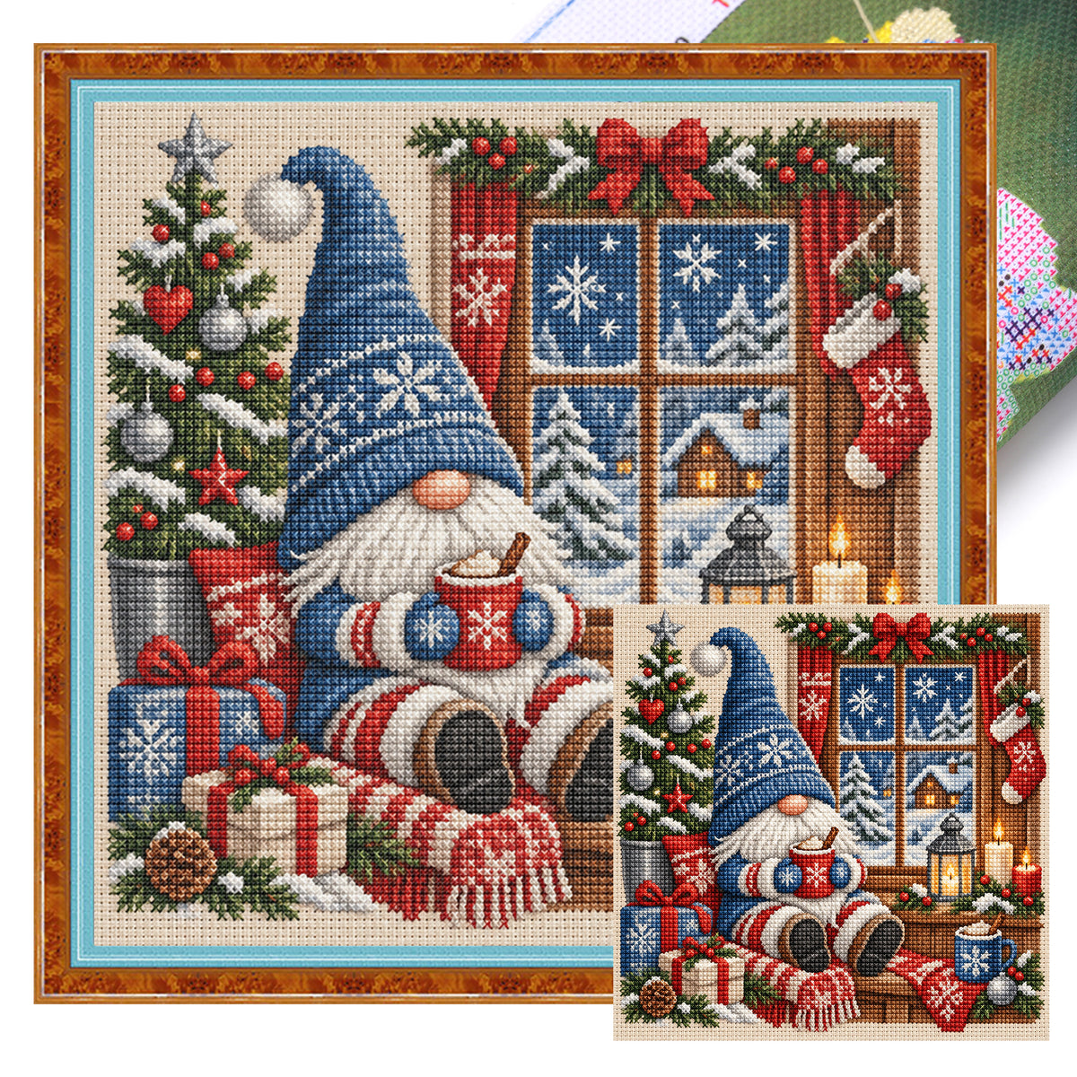 Blaues Fenster Winter-Wichtel - Komplettes 11CT Stempel-Kreuzstich-Set 45x45CM - Huacan
