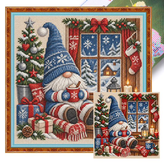 Blaues Fenster Winter-Wichtel - Komplettes 11CT Stempel-Kreuzstich-Set 45x45CM - Huacan