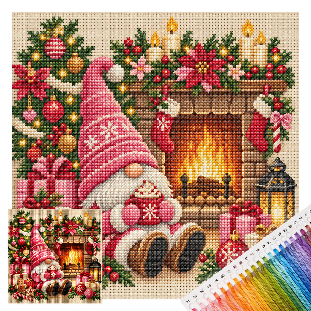 Rosa Mützen-Wichtel mit Herd - Vollständiges 11CT gestempeltes Kreuzstich-Set 45x45 cm - Huacan