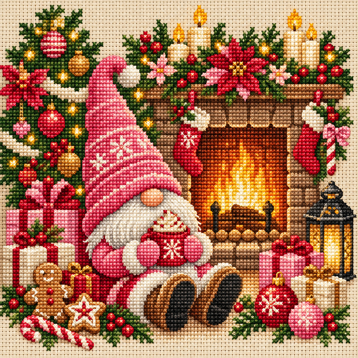 Rosa Mützen-Wichtel mit Herd - Vollständiges 11CT gestempeltes Kreuzstich-Set 45x45 cm - Huacan