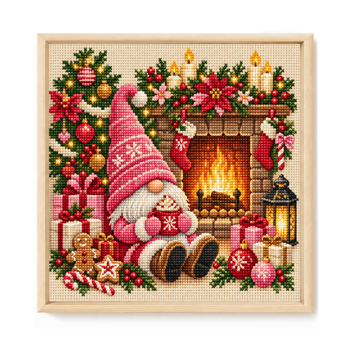 Rosa Mützen-Wichtel mit Herd - Vollständiges 11CT gestempeltes Kreuzstich-Set 45x45 cm - Huacan