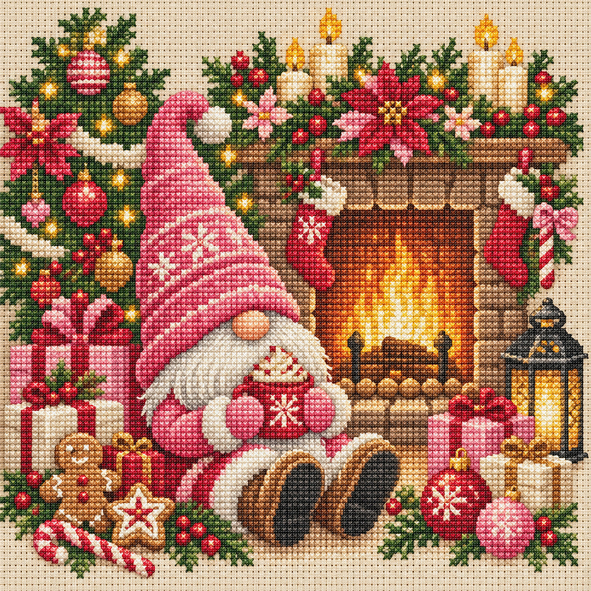 Rosa Mützen-Wichtel mit Herd - Vollständiges 11CT gestempeltes Kreuzstich-Set 45x45 cm - Huacan