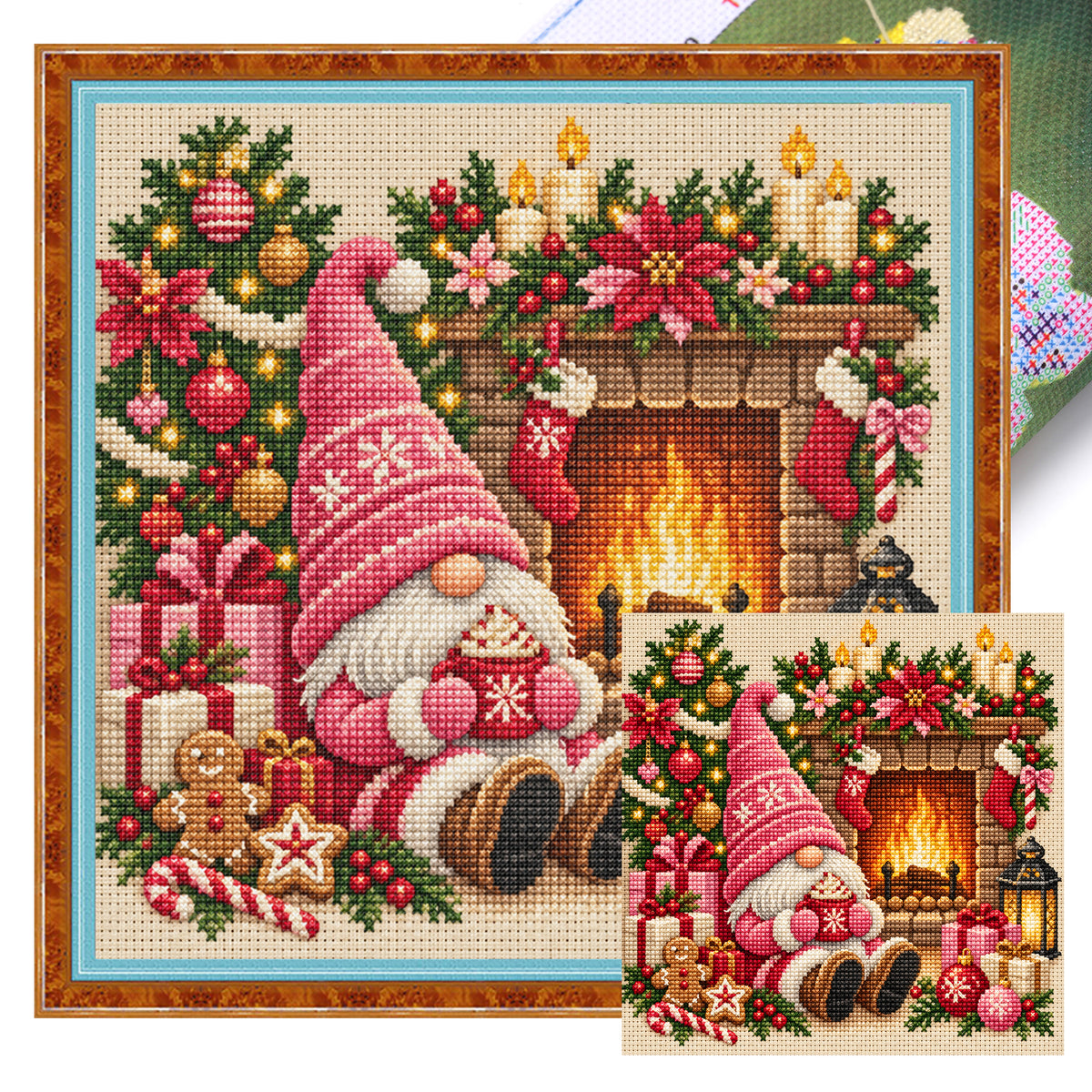 Rosa Mützen-Wichtel mit Herd - Vollständiges 11CT gestempeltes Kreuzstich-Set 45x45 cm - Huacan