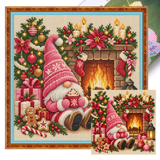 Rosa Mützen-Wichtel mit Herd - Vollständiges 11CT gestempeltes Kreuzstich-Set 45x45 cm - Huacan