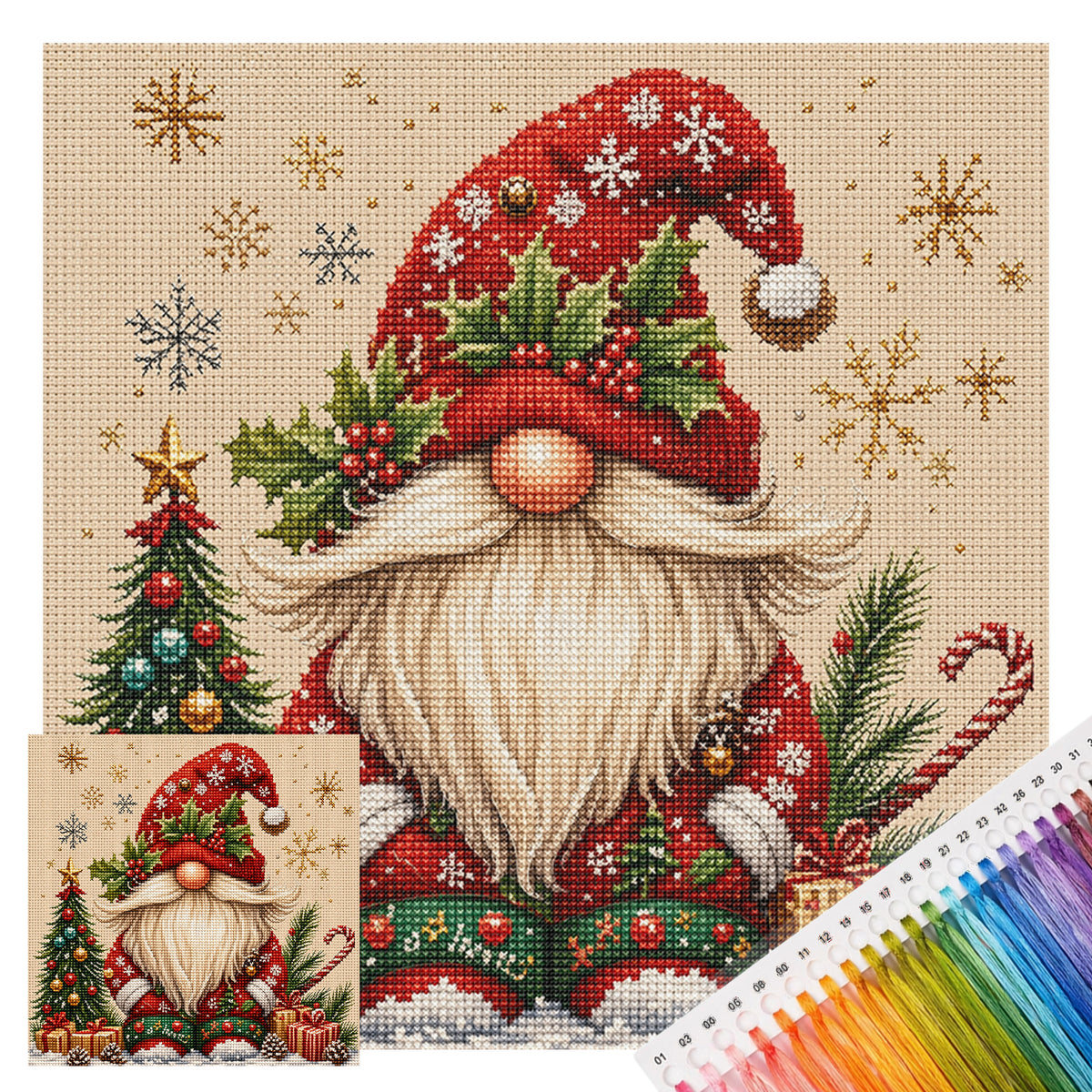 Christmas Red Robe Gnome - Full 11CT Stamped Cross Stitch 45x45CM - Huacan