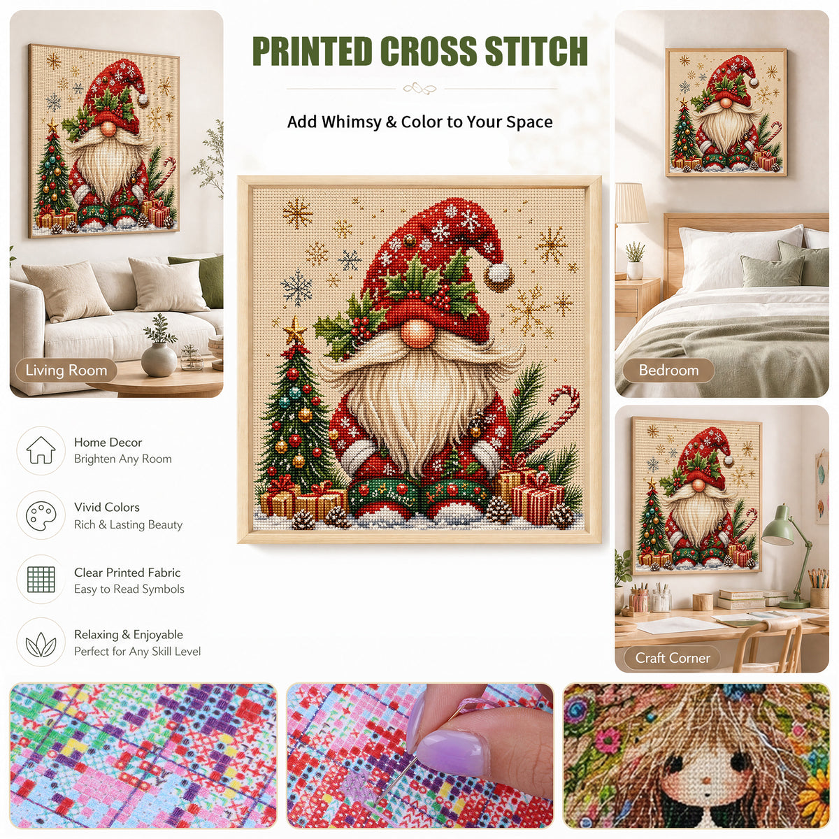 Christmas Red Robe Gnome - Full 11CT Stamped Cross Stitch 45x45CM - Huacan