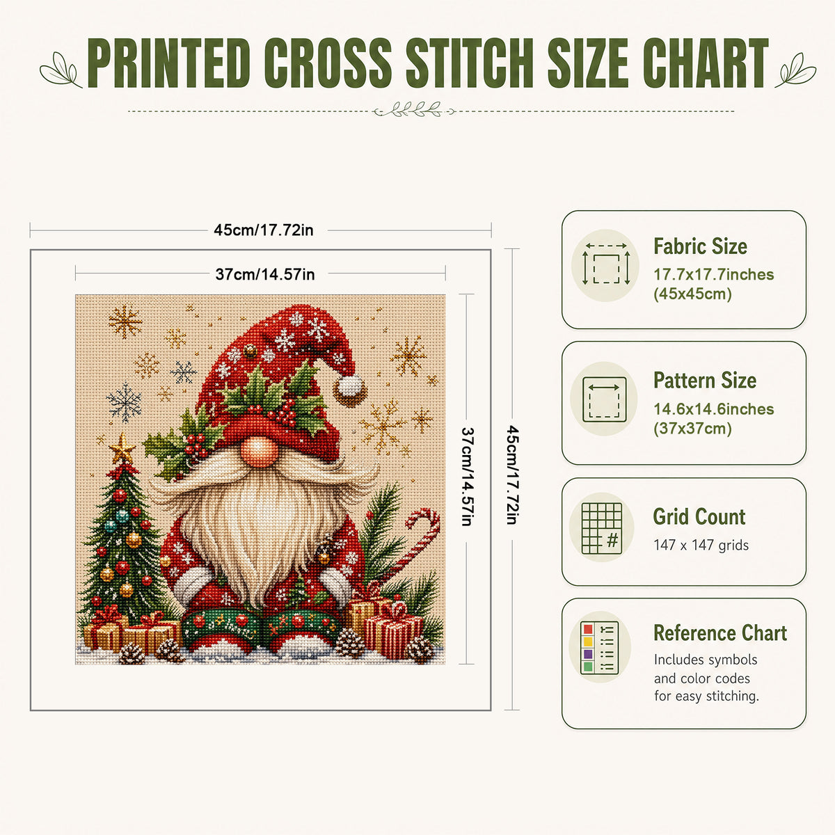 Christmas Red Robe Gnome - Full 11CT Stamped Cross Stitch 45x45CM - Huacan