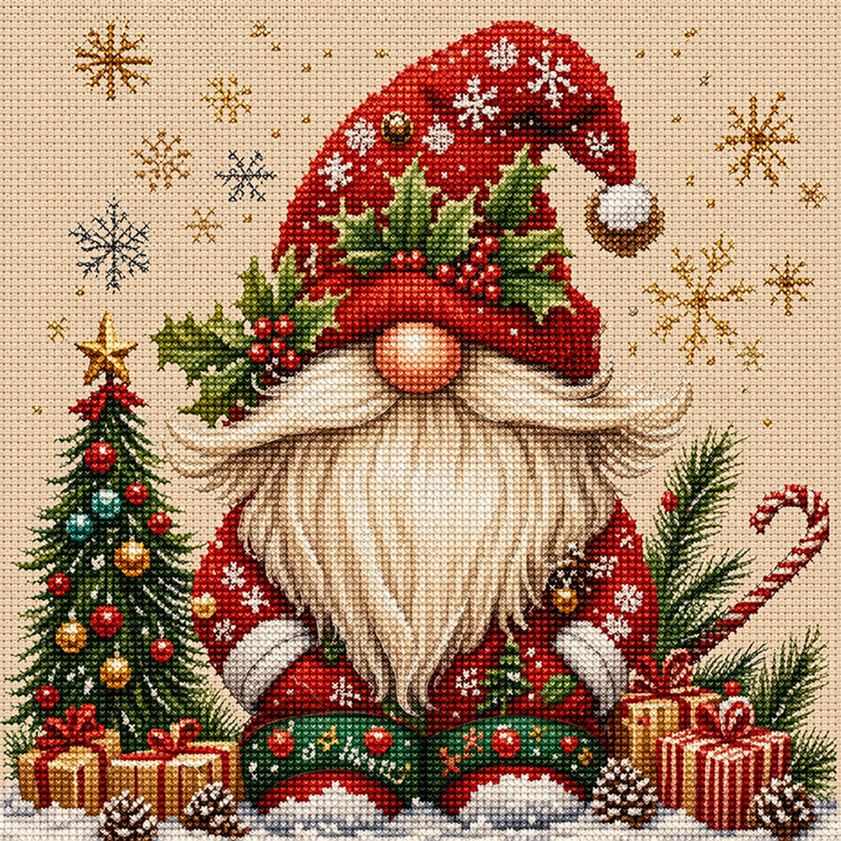 Christmas Red Robe Gnome - Full 11CT Stamped Cross Stitch 45x45CM - Huacan