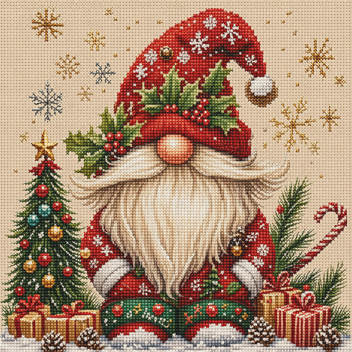 Christmas Red Robe Gnome - Full 11CT Stamped Cross Stitch 45x45CM - Huacan