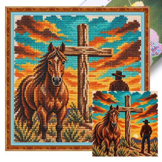 Sonnenuntergang beim Viehtrieb - Vollständiges 11CT gestempeltes Kreuzstich-Set 40x40CM - Huacan