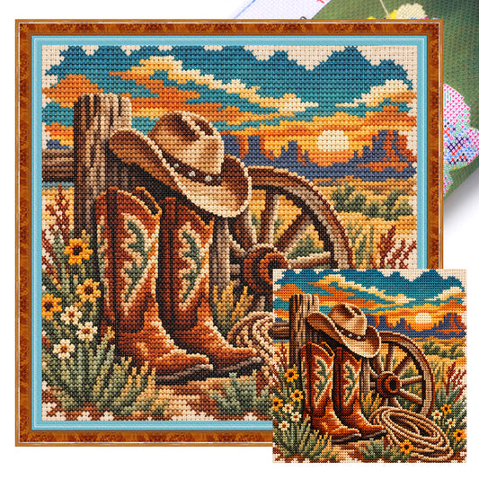 Westernstiefel und Hut - Vollständiges 11CT gestempeltes Kreuzstich-Set 40x40cm - Huacan