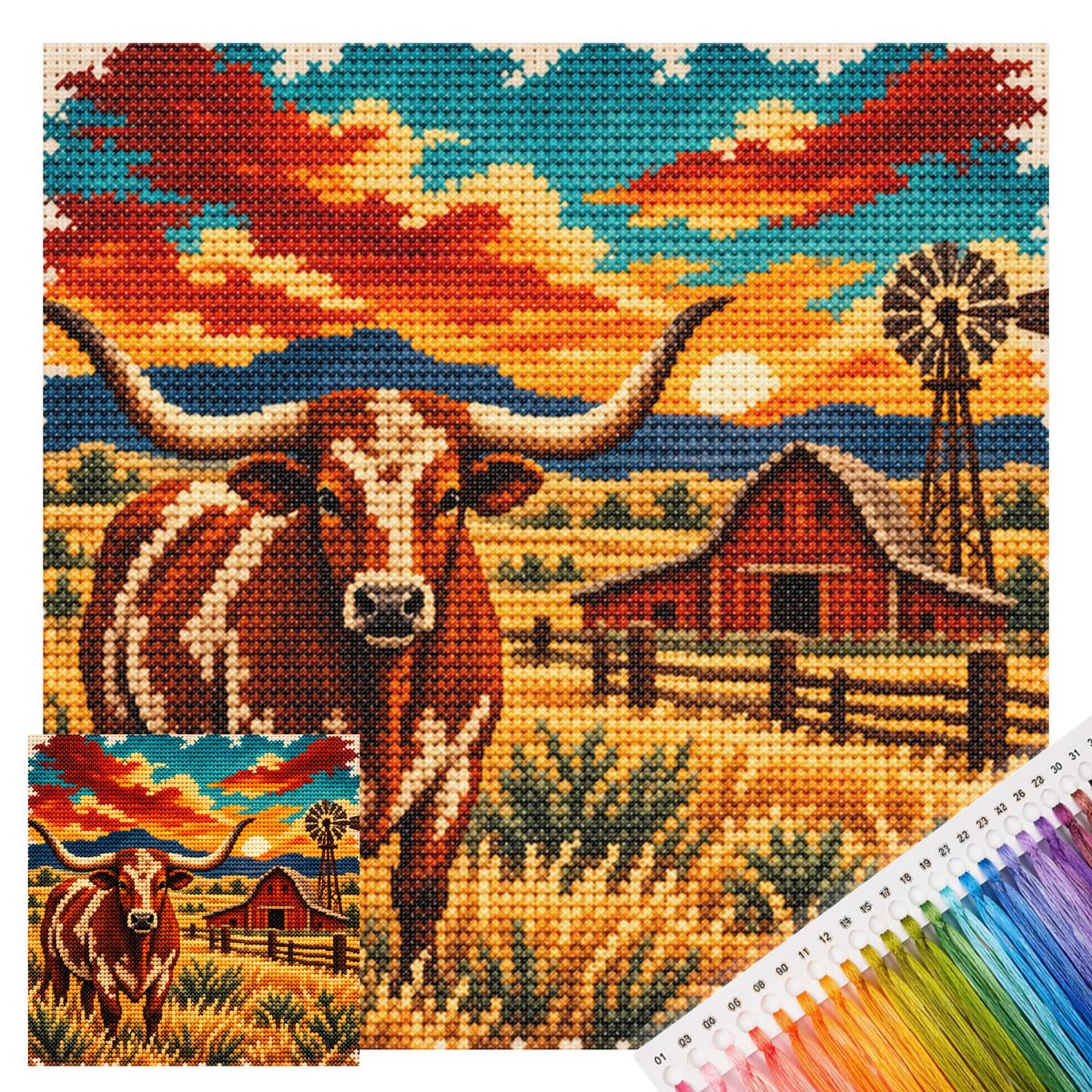 Longhorn Cattle - Full 11CT Stamped Cross Stitch 40x40CM - Huacan