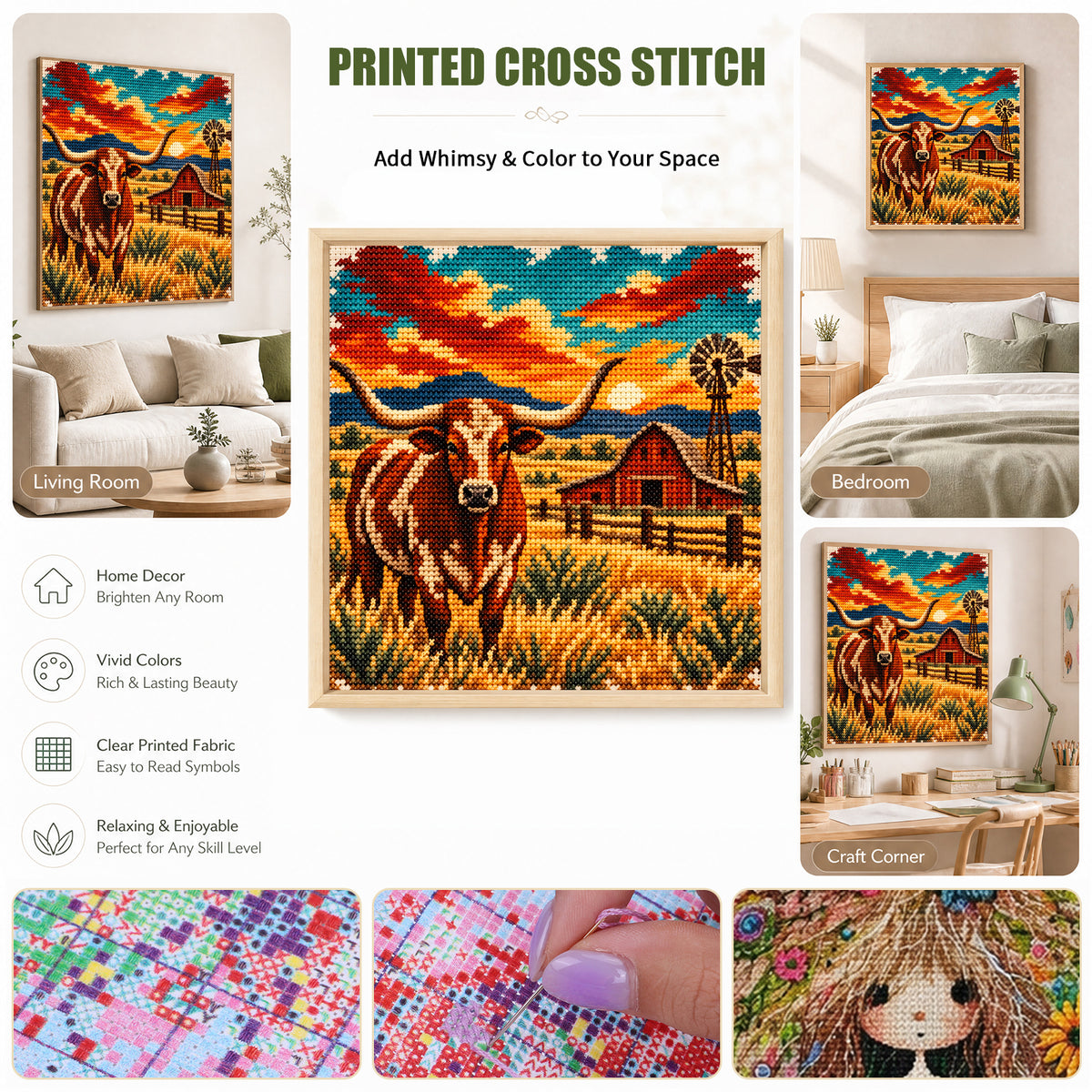 Longhorn Cattle - Full 11CT Stamped Cross Stitch 40x40CM - Huacan