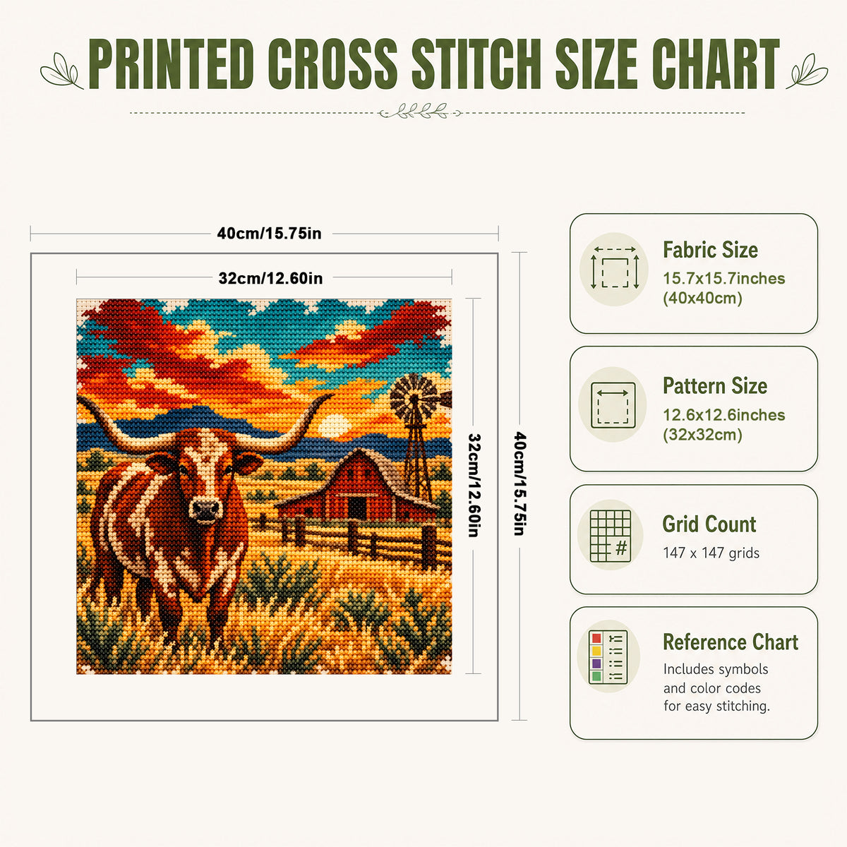 Longhorn Cattle - Full 11CT Stamped Cross Stitch 40x40CM - Huacan