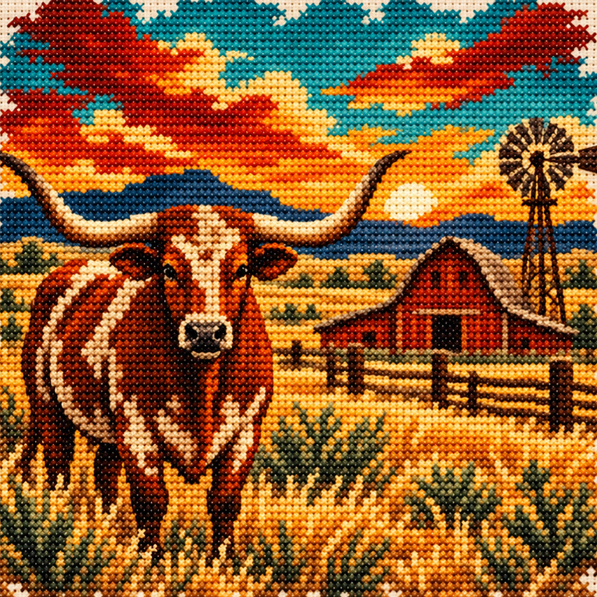 Longhorn Cattle - Full 11CT Stamped Cross Stitch 40x40CM - Huacan
