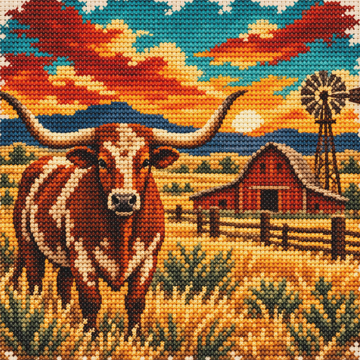 Longhorn Cattle - Full 11CT Stamped Cross Stitch 40x40CM - Huacan