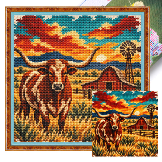 Longhorn-Rinder - Vollständiges 11CT Stempel-Kreuzstichset 40x40 cm - Huacan