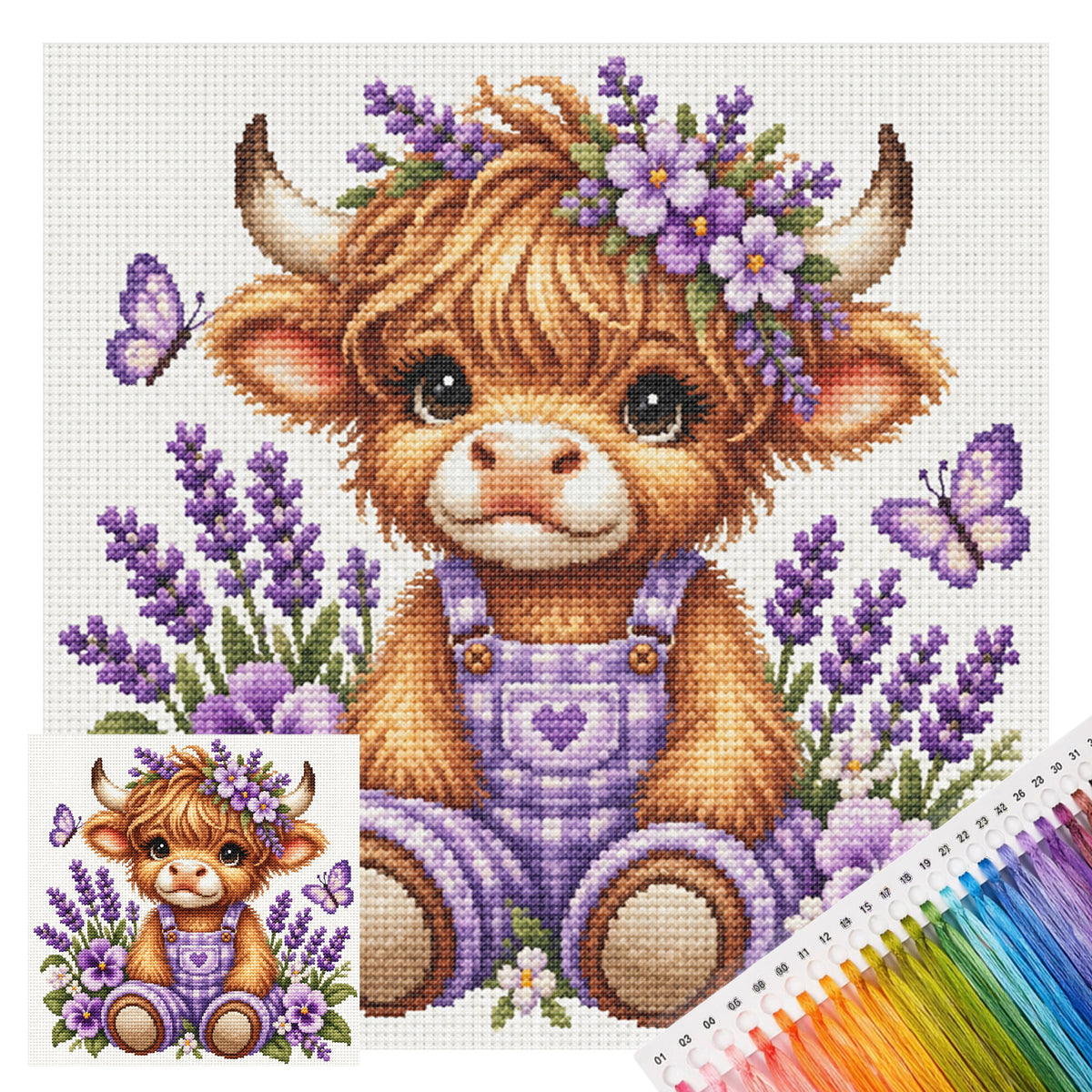 Lavender Cow - Full 14CT Stamped Cross Stitch 30x30CM - Huacan