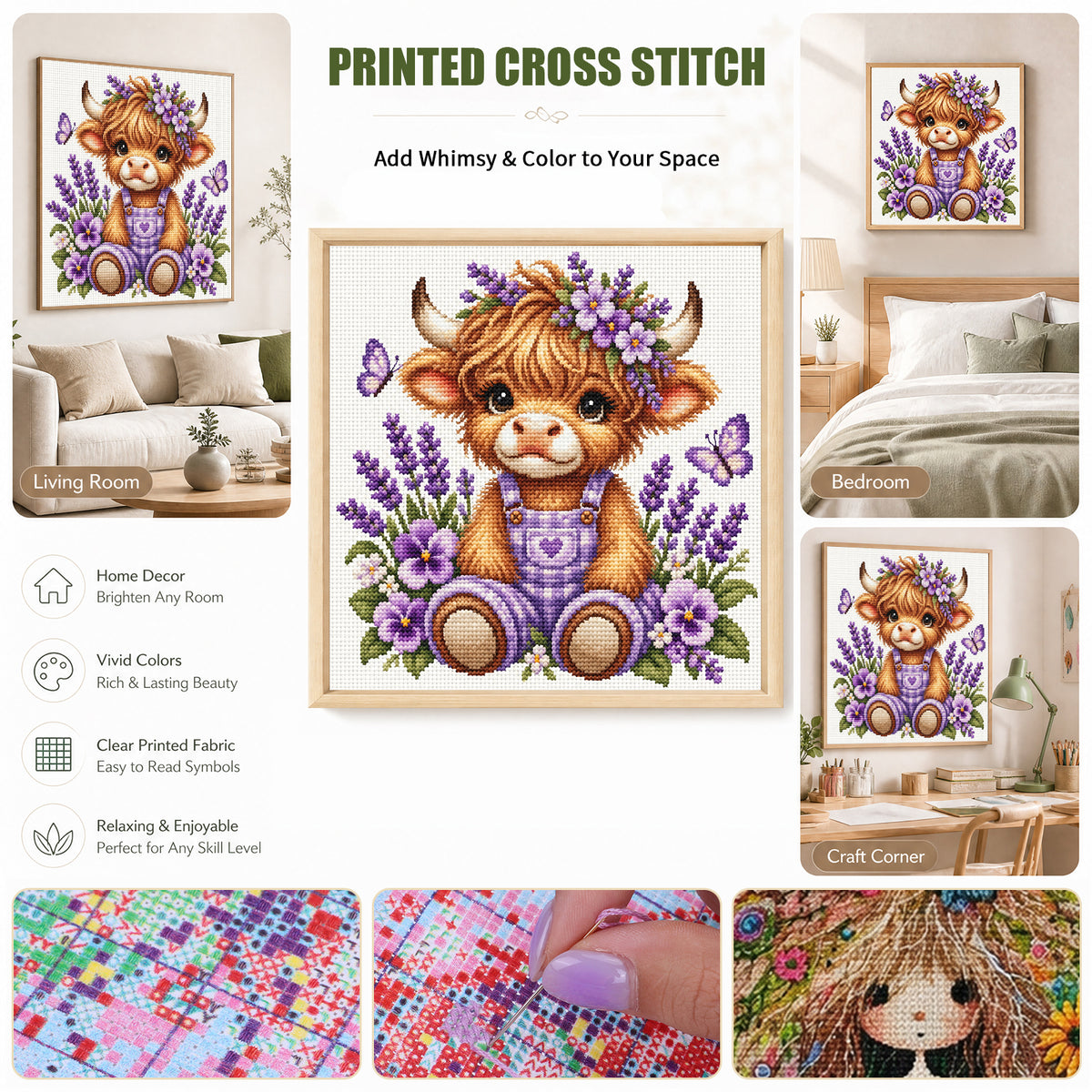Lavender Cow - Full 14CT Stamped Cross Stitch 30x30CM - Huacan