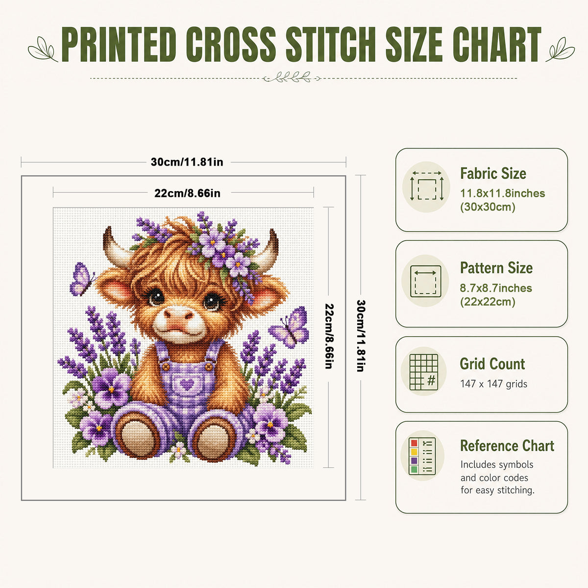 Lavender Cow - Full 14CT Stamped Cross Stitch 30x30CM - Huacan