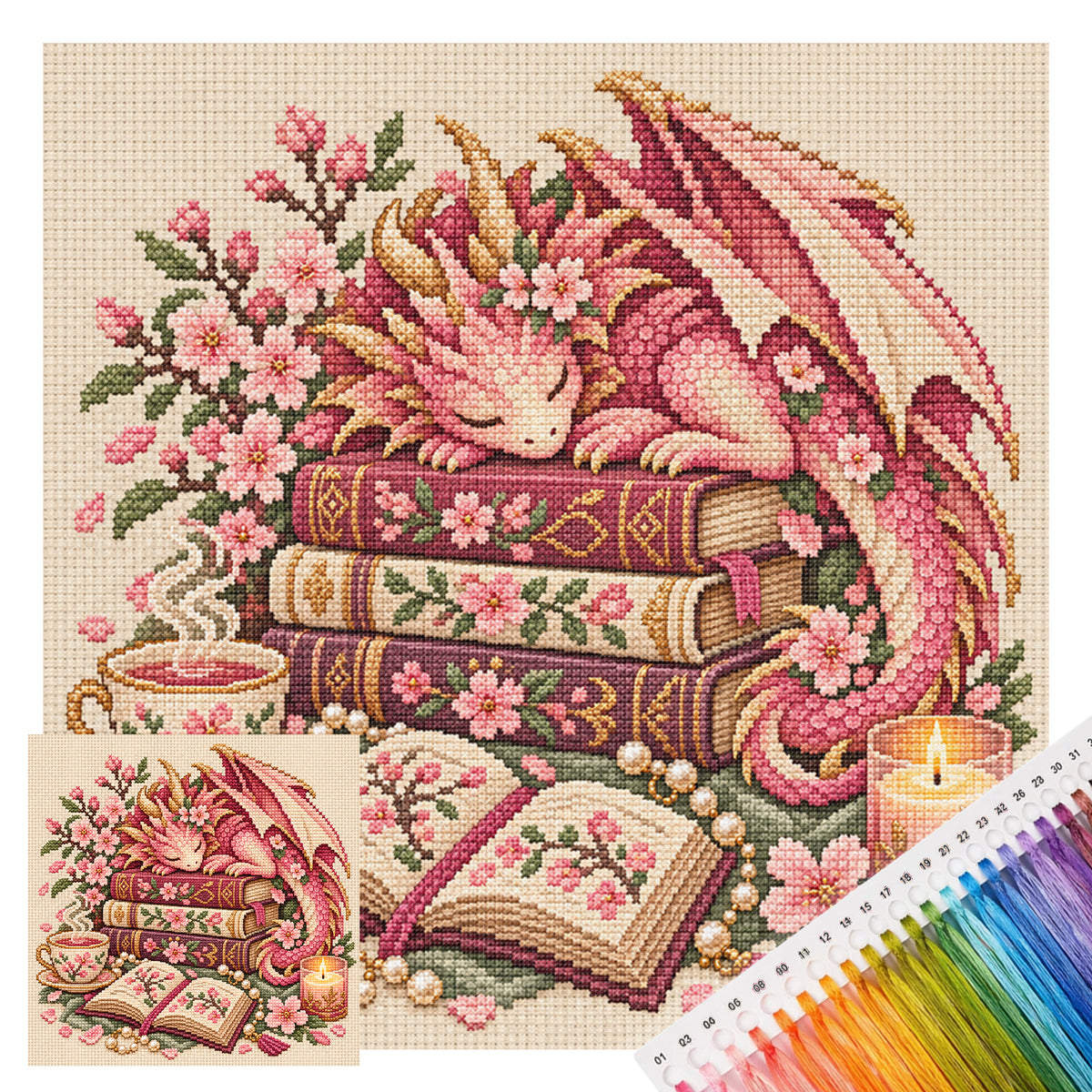 Sakura Dragon - Full 11CT Stamped Cross Stitch 45x45CM - Huacan