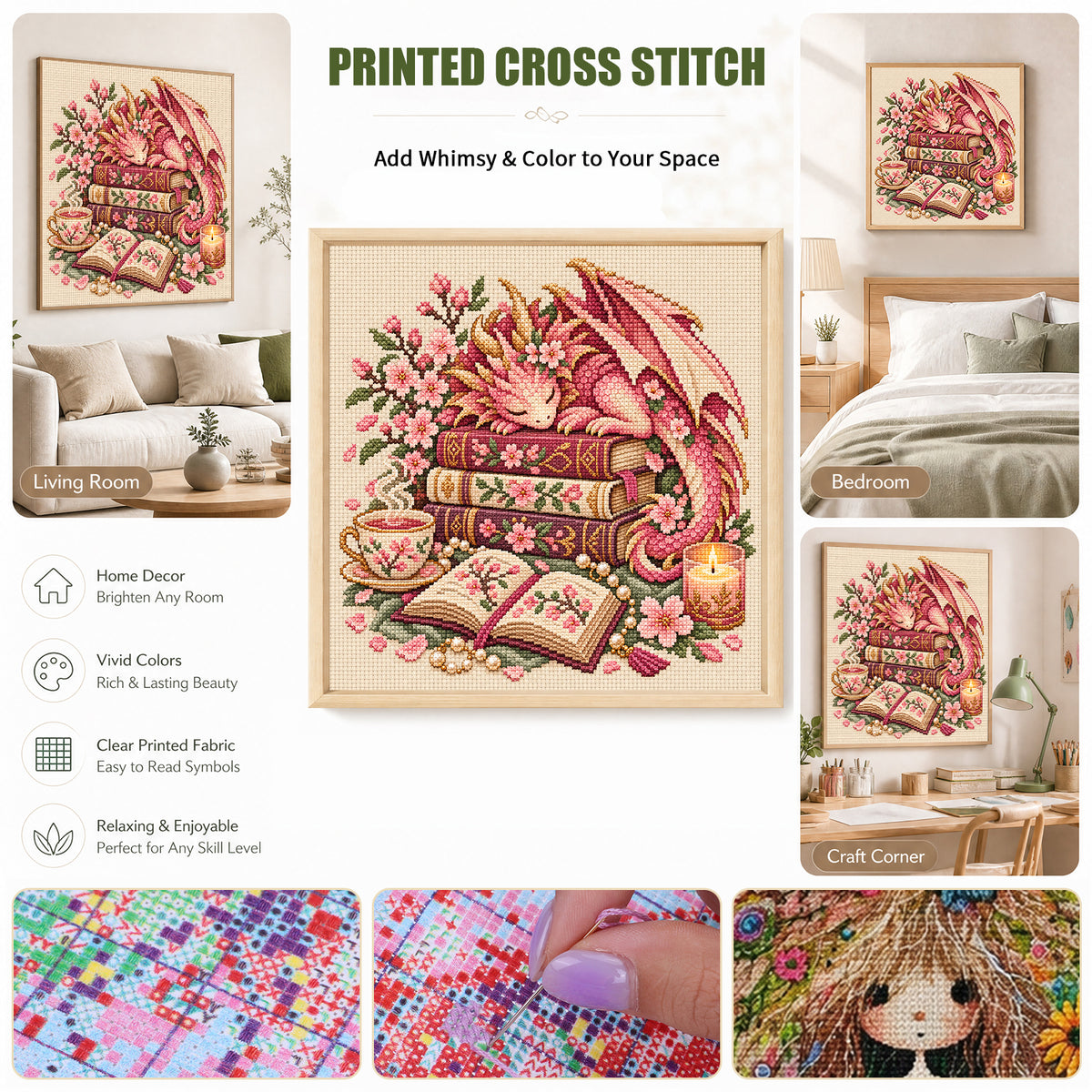 Sakura Dragon - Full 11CT Stamped Cross Stitch 45x45CM - Huacan
