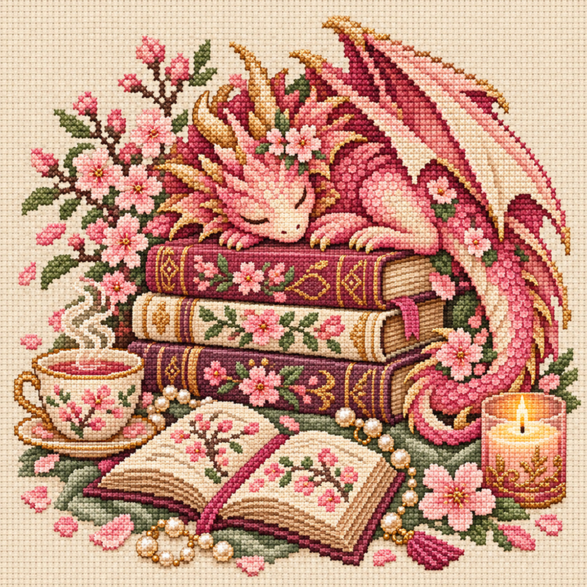 Sakura Dragon - Full 11CT Stamped Cross Stitch 45x45CM - Huacan