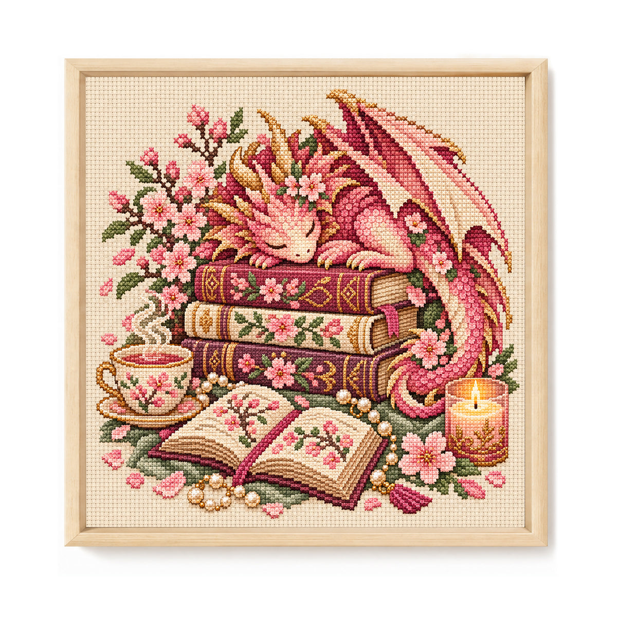 Sakura Dragon - Full 11CT Stamped Cross Stitch 45x45CM - Huacan