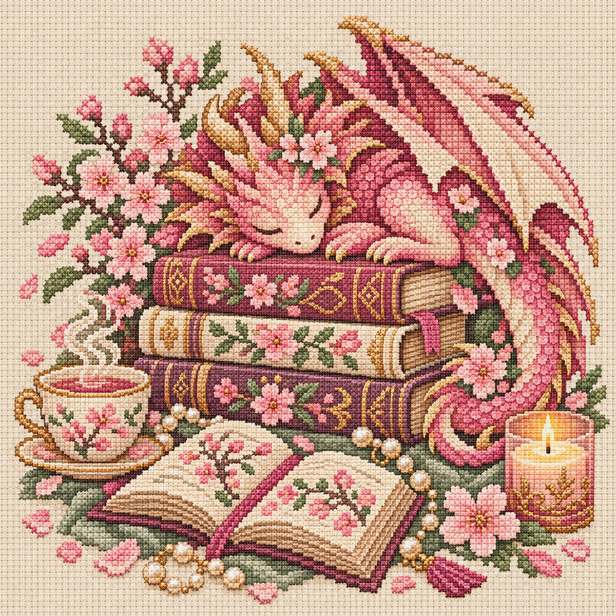 Sakura Dragon - Full 11CT Stamped Cross Stitch 45x45CM - Huacan