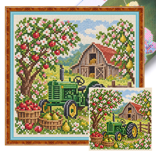 Ernte im Obstgarten – Vollständiges, geprägtes Kreuzstichmuster, 45 × 45 cm – Huacan