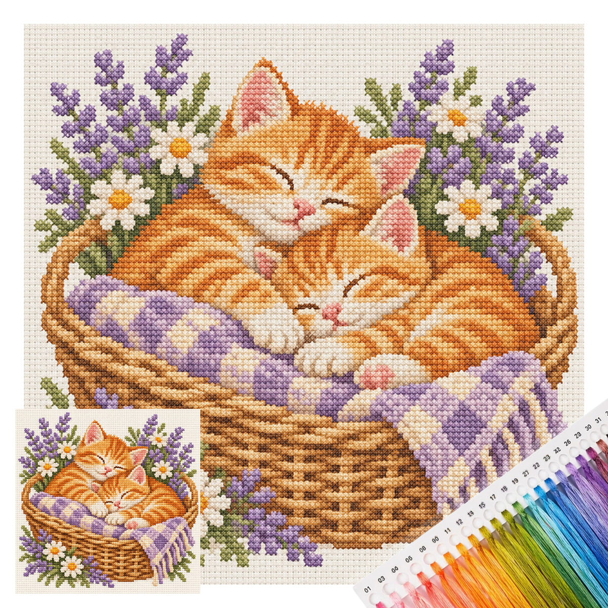 Lavender Cats-Cat - Full 14CT Stamped Cross Stitch 30x30CM - Huacan