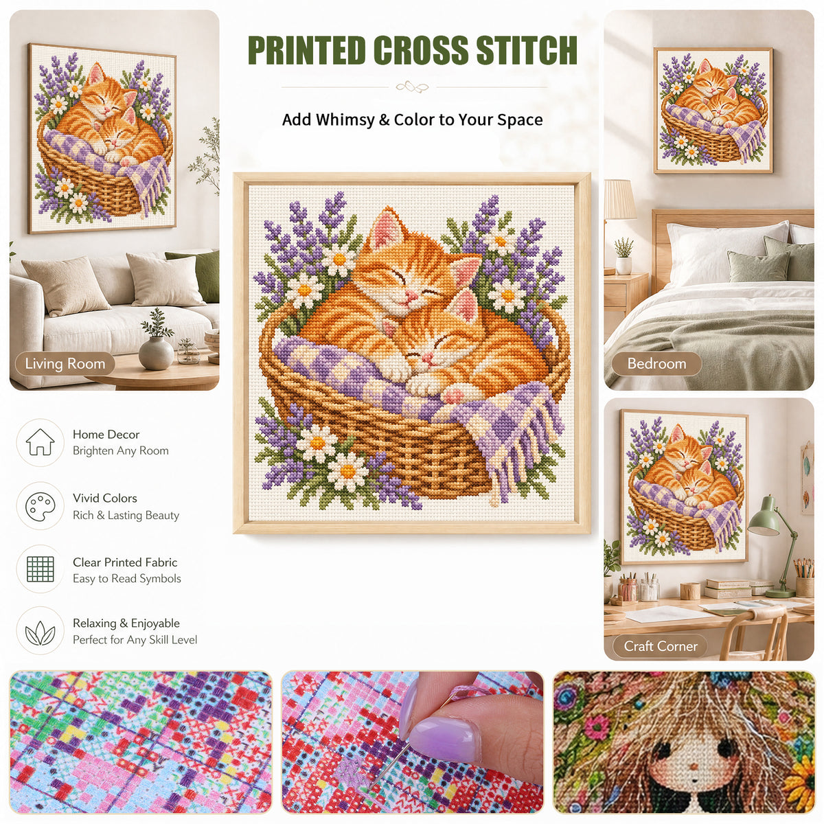 Lavender Cats-Cat - Full 14CT Stamped Cross Stitch 30x30CM - Huacan