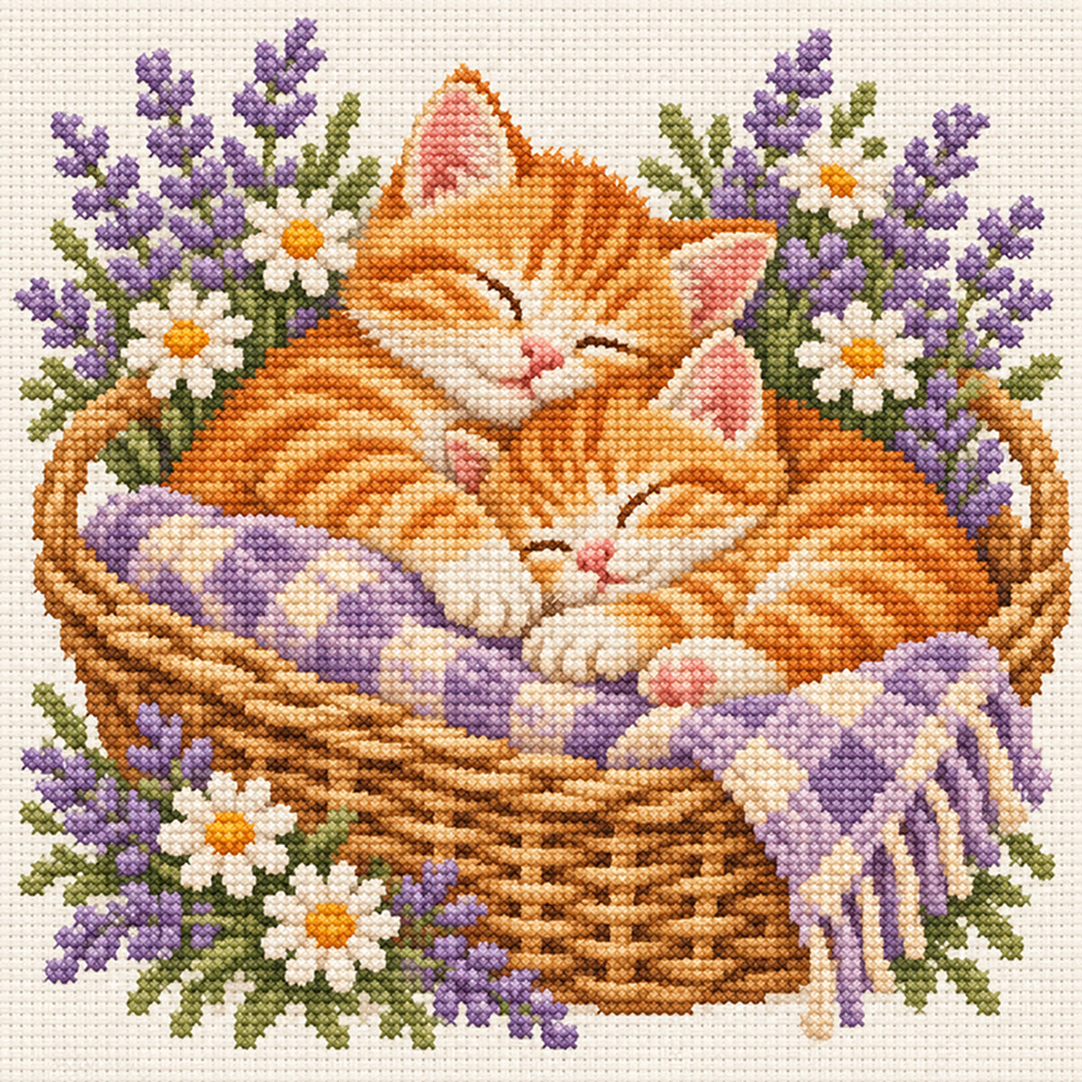 Lavender Cats-Cat - Full 14CT Stamped Cross Stitch 30x30CM - Huacan
