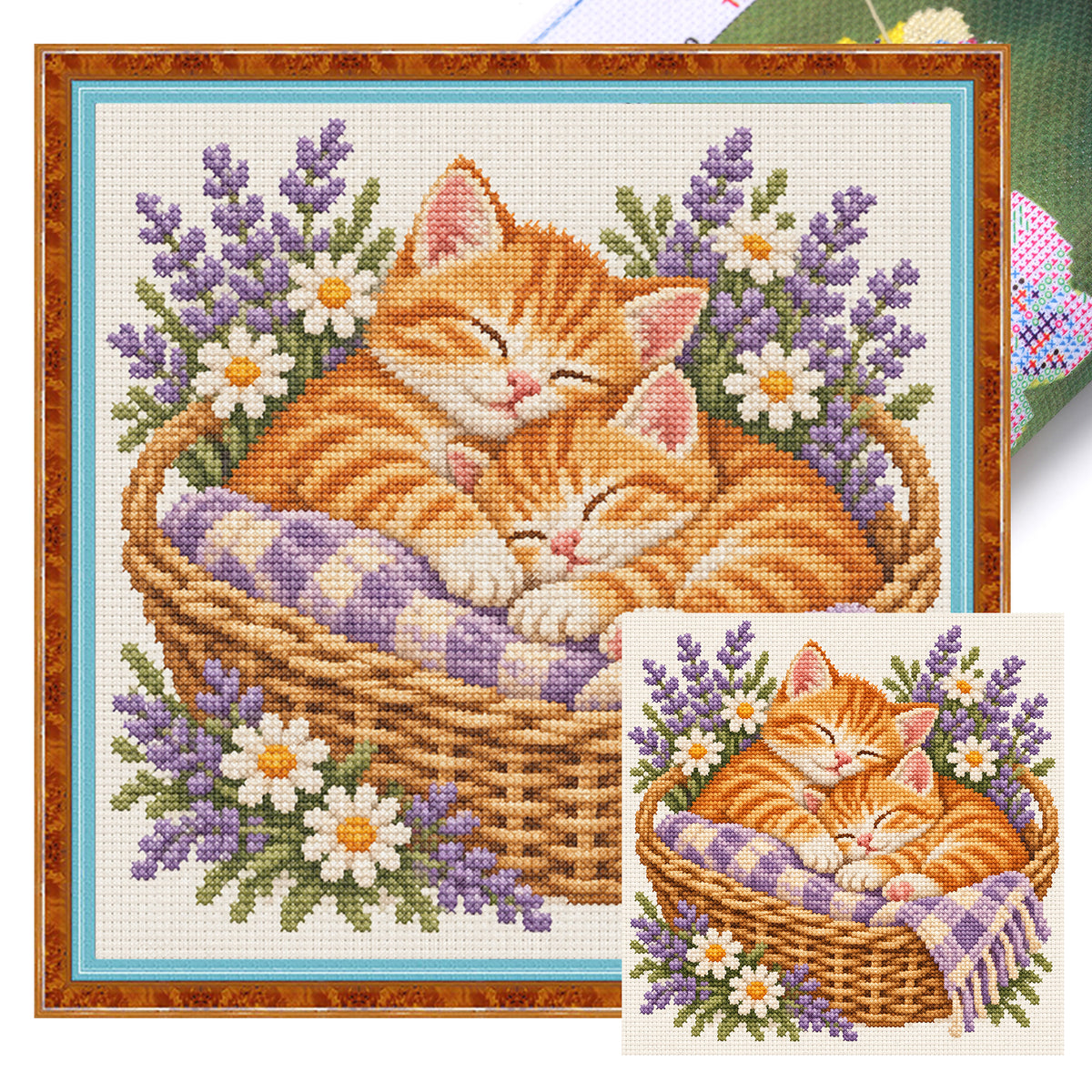 Lavender Cats-Cat - Full 14CT Stamped Cross Stitch 30x30CM - Huacan