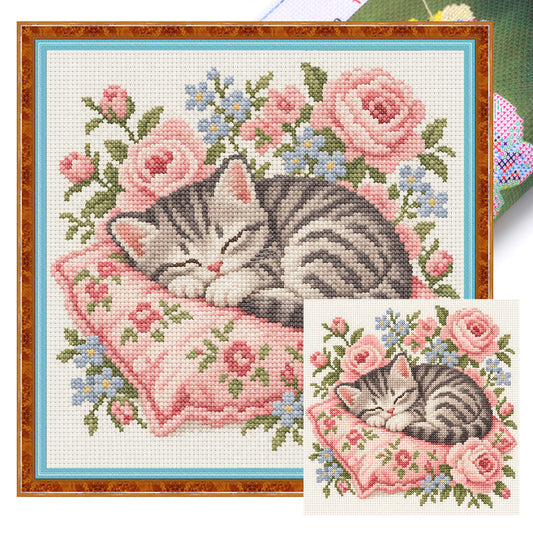 Rose Kätzchen-Katze - Vollständiges 14CT Gestanztes Kreuzstichbild 30x30CM - Huacan