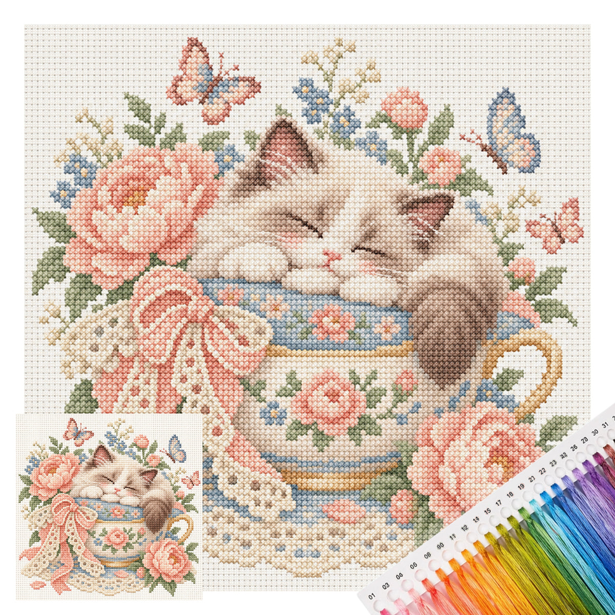 Teetasse Katze-Katze - Vollständiges 14CT gestanztes Kreuzstichmuster 30x30CM - Huacan