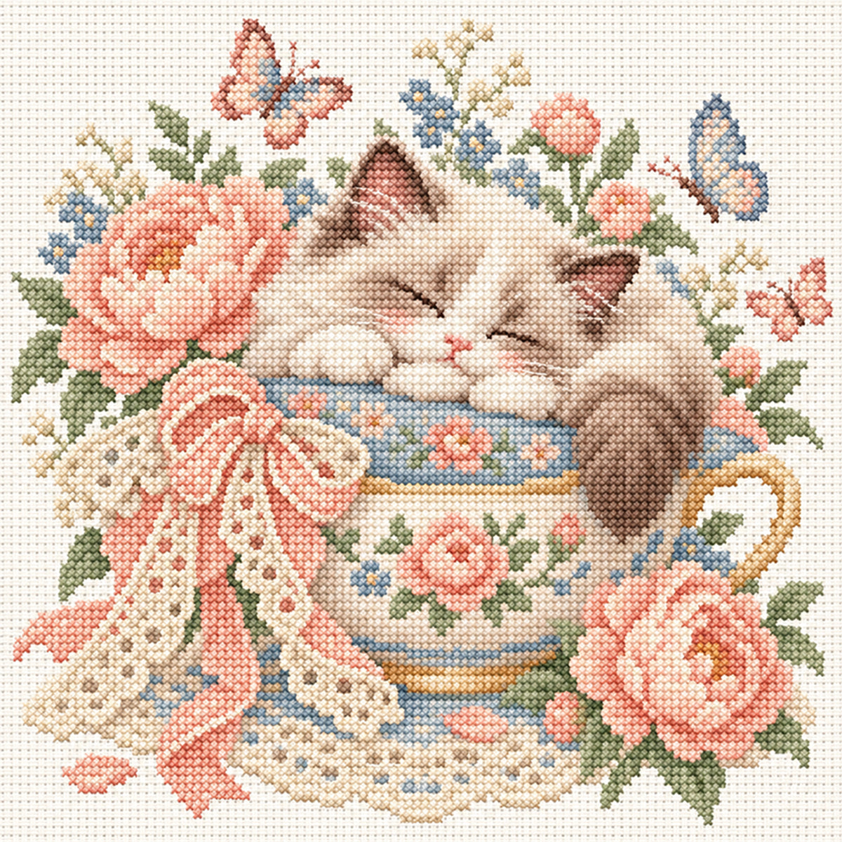 Teetasse Katze-Katze - Vollständiges 14CT gestanztes Kreuzstichmuster 30x30CM - Huacan