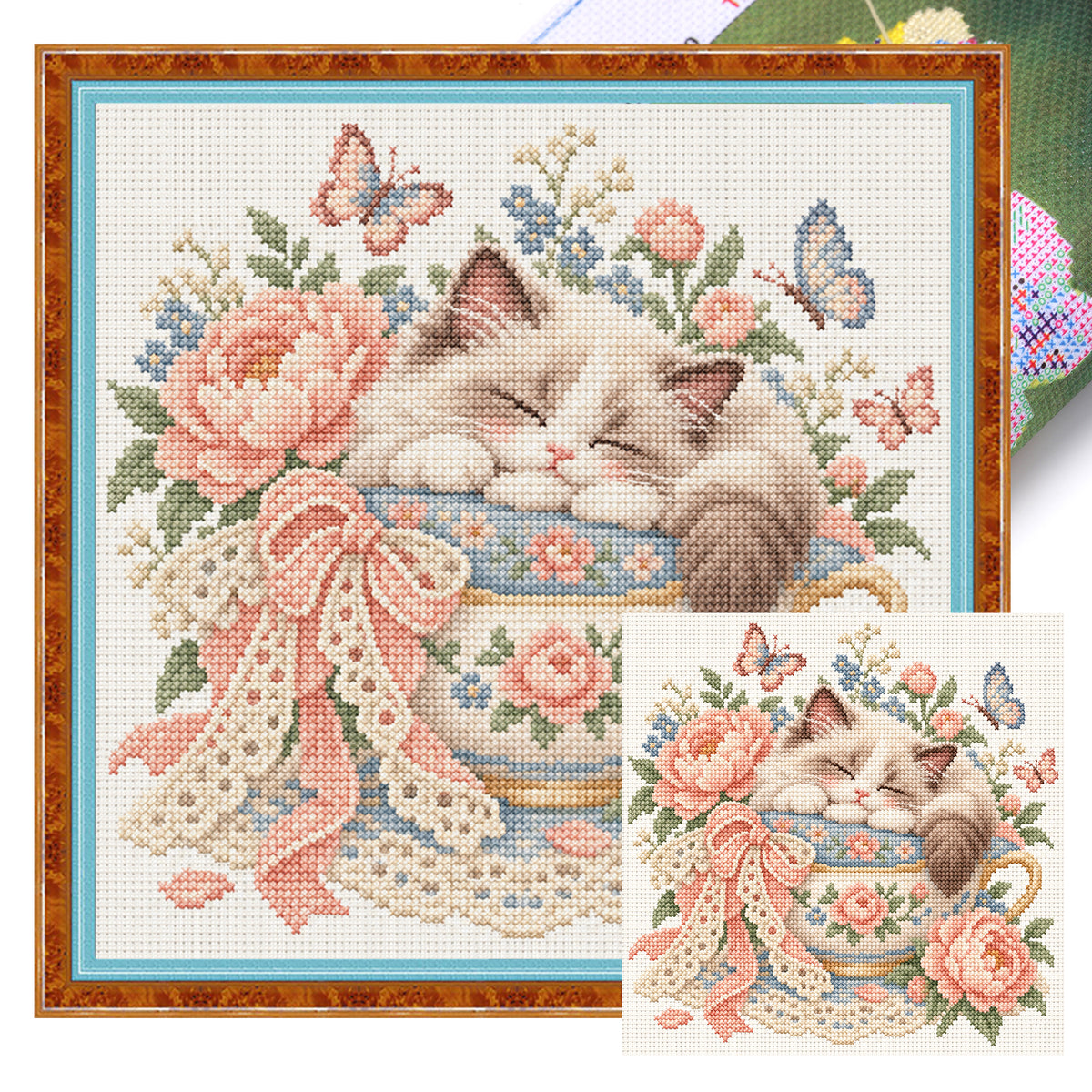 Teetasse Katze-Katze - Vollständiges 14CT gestanztes Kreuzstichmuster 30x30CM - Huacan