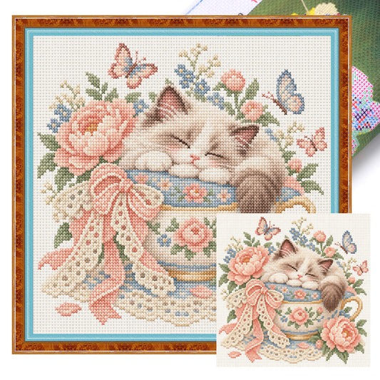 Teetasse Katze-Katze - Vollständiges 14CT gestanztes Kreuzstichmuster 30x30CM - Huacan