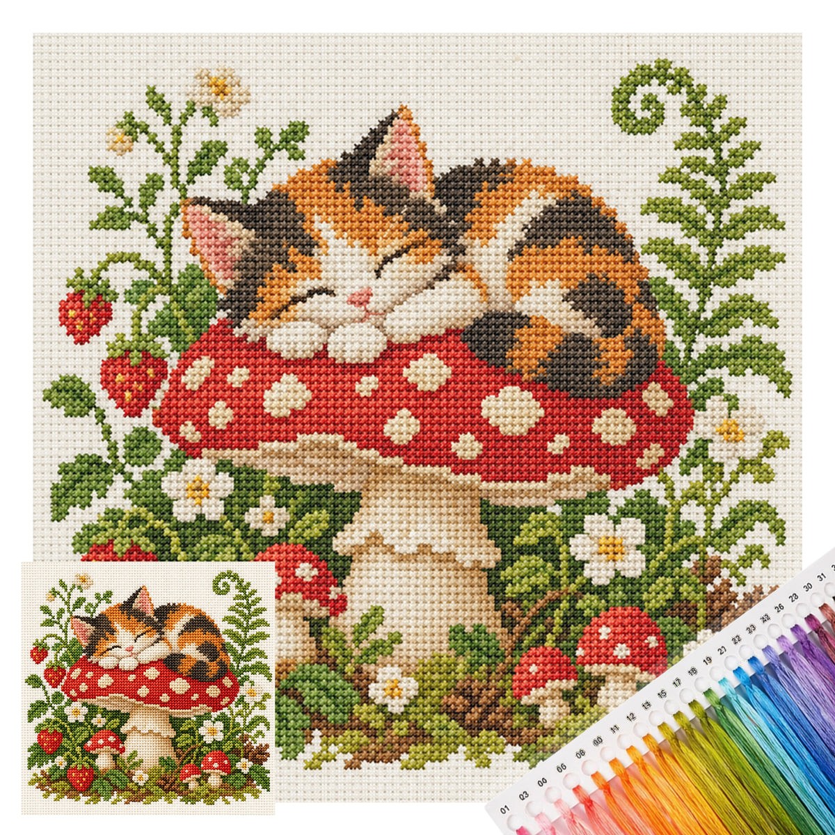 Mushroom Kitten-Cat - Full 14CT Stamped Cross Stitch 30x30CM - Huacan