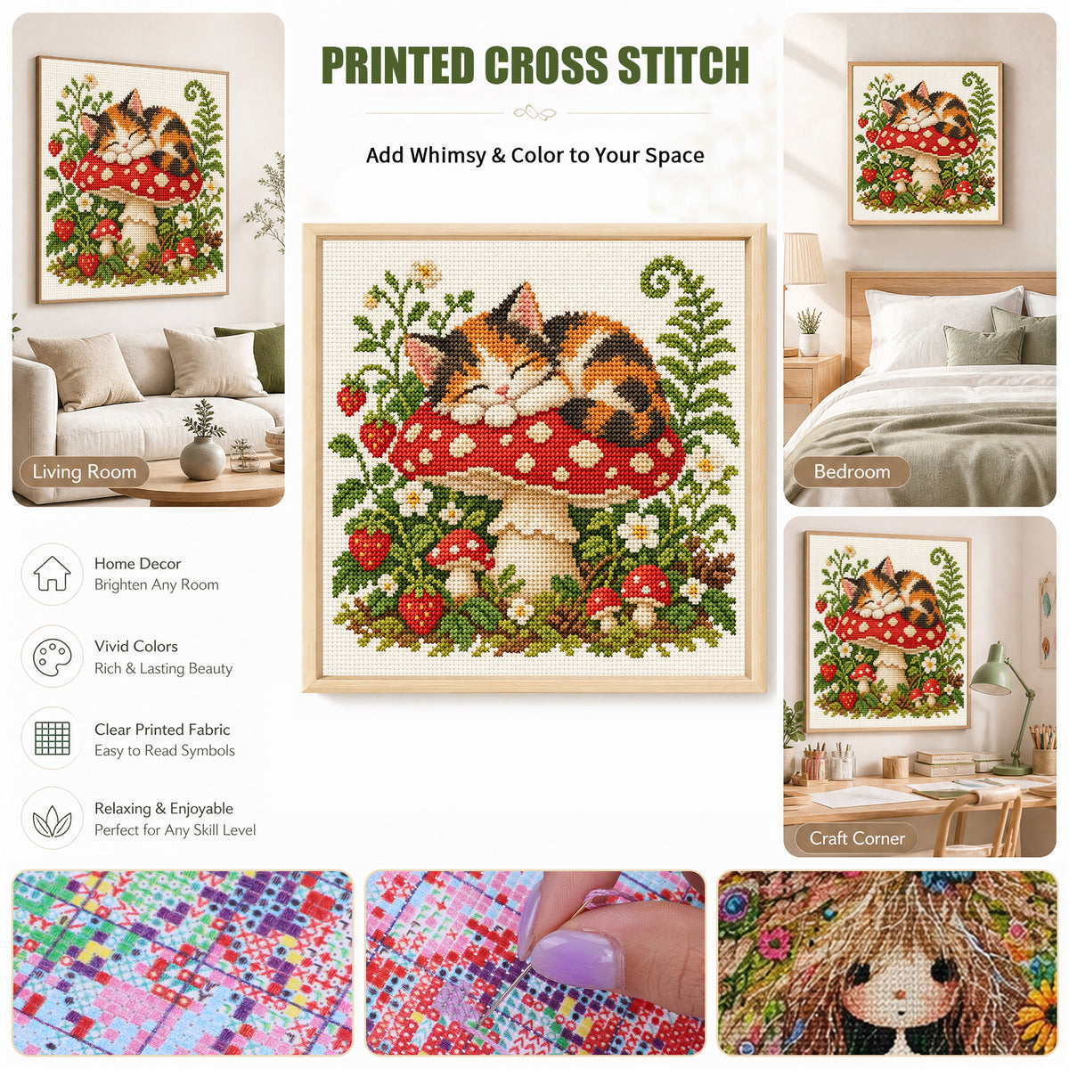 Mushroom Kitten-Cat - Full 14CT Stamped Cross Stitch 30x30CM - Huacan