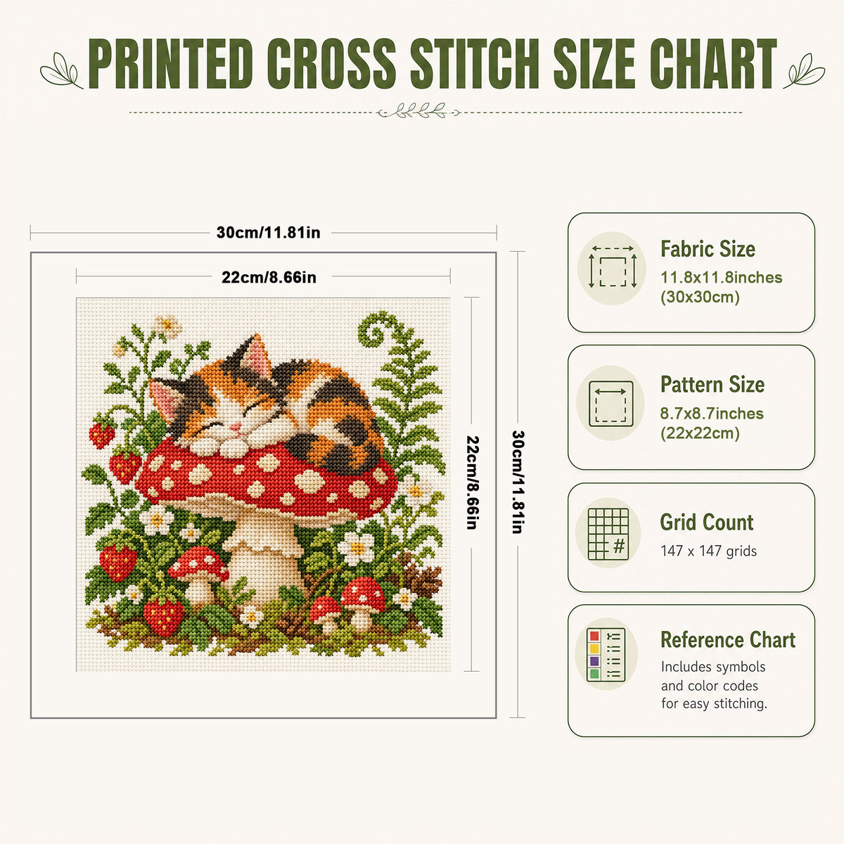 Mushroom Kitten-Cat - Full 14CT Stamped Cross Stitch 30x30CM - Huacan