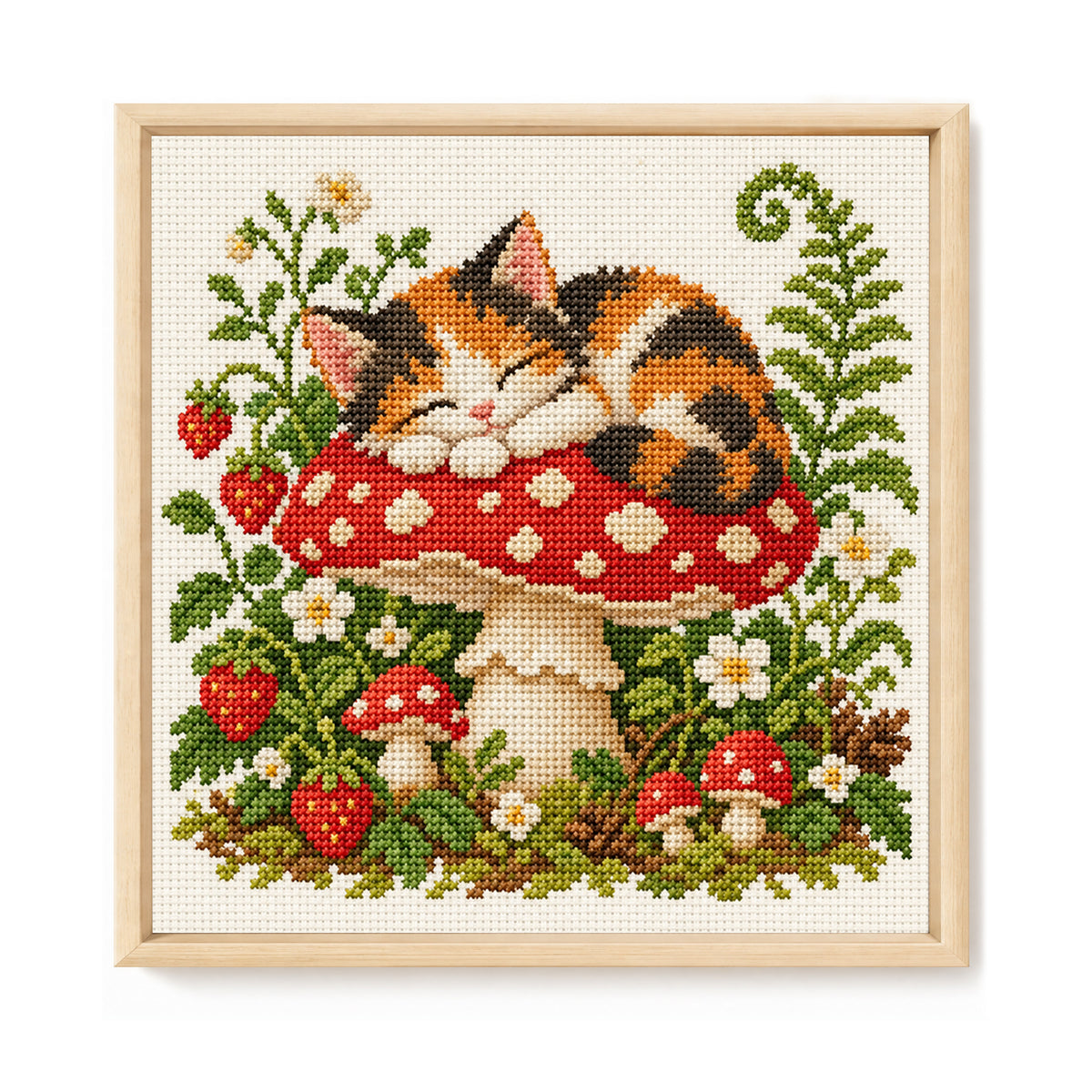 Mushroom Kitten-Cat - Full 14CT Stamped Cross Stitch 30x30CM - Huacan