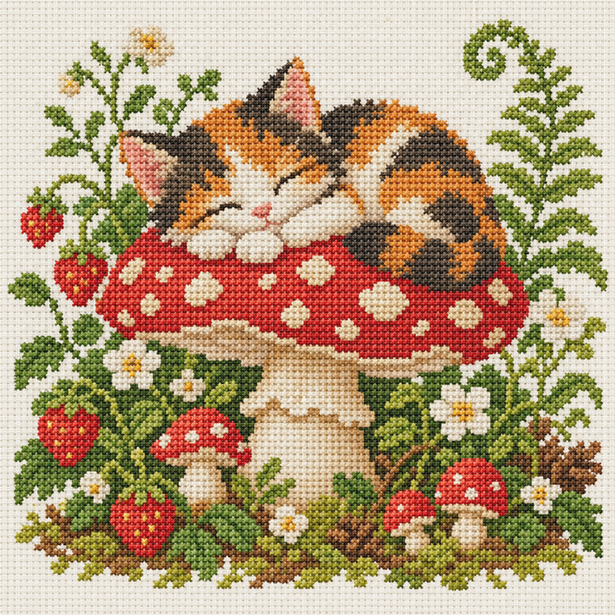 Mushroom Kitten-Cat - Full 14CT Stamped Cross Stitch 30x30CM - Huacan