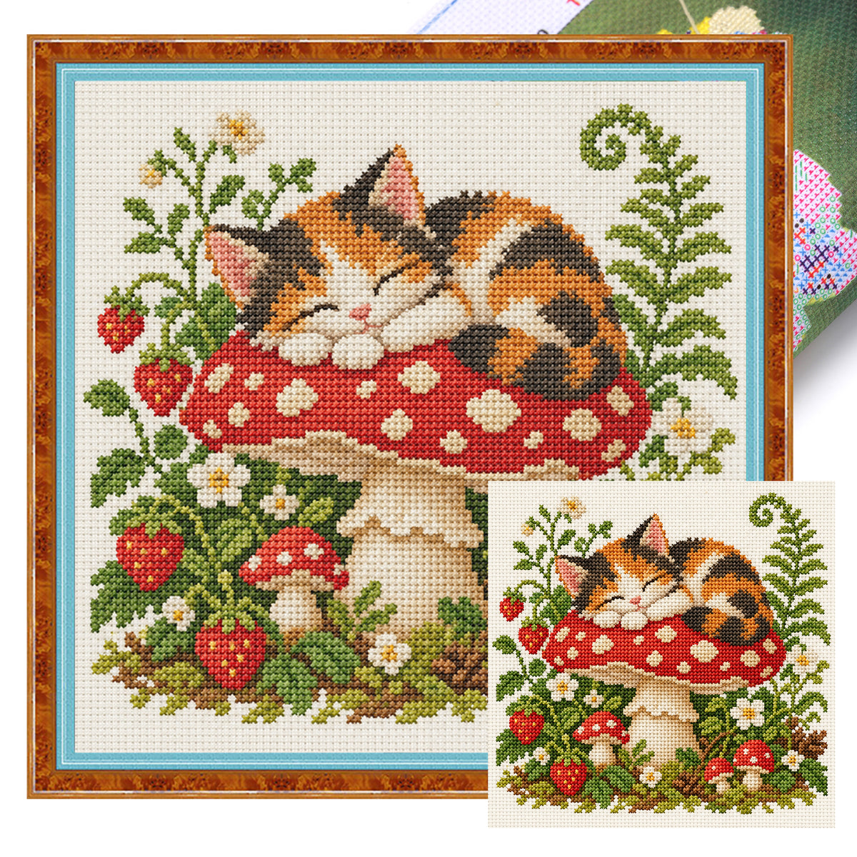 Mushroom Kitten-Cat - Full 14CT Stamped Cross Stitch 30x30CM - Huacan