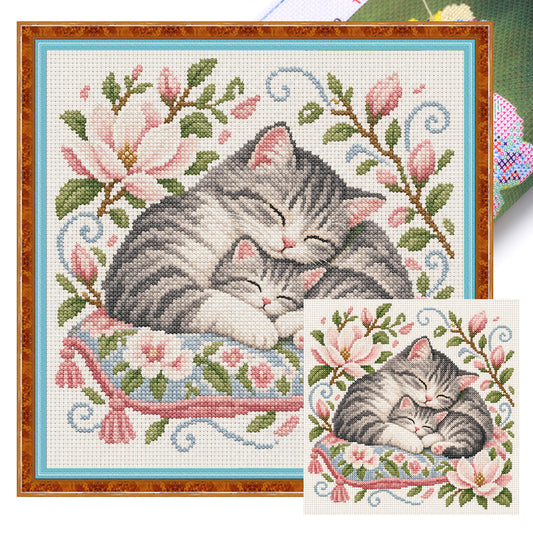 Magnolia-Kätzchen – Katze – Vollständiges, geprägtes Kreuzstichbild, 14 CT, 30 × 30 cm – Huacan
